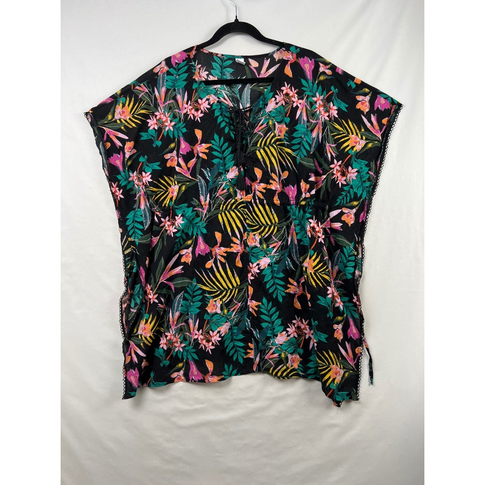 Old Navy Swim Cover Up Women Large Black Tropical Floral Kaftan Tassel Boho